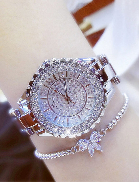 Wrist Watch Quartz Watch for Women Full Diamond Crystal Analog Quartz Glitter Fashion Luxury Bling Rhinestone Bracelet Stainless Steel