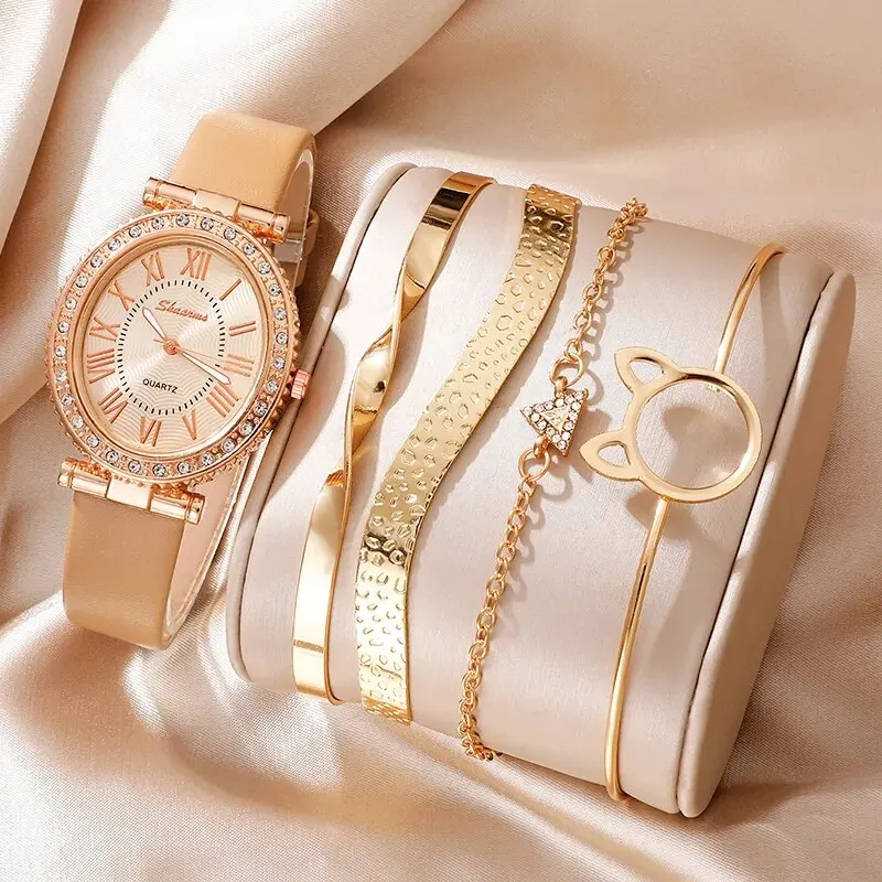 Fashion Women Quartz Watch Luxury Leather Strap Analog Ladies Watch Ladies Dress Bracelet Set