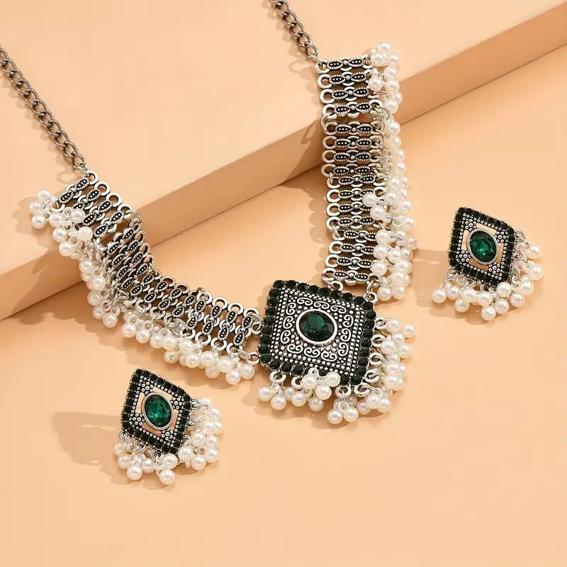 3pcs Bollywood Style Earrings + Necklace Boho Style Jewelry Set Retro Rhombus Design Paved Shining Rhinestone Multi Colors For U To Choose Match Daily Outfit