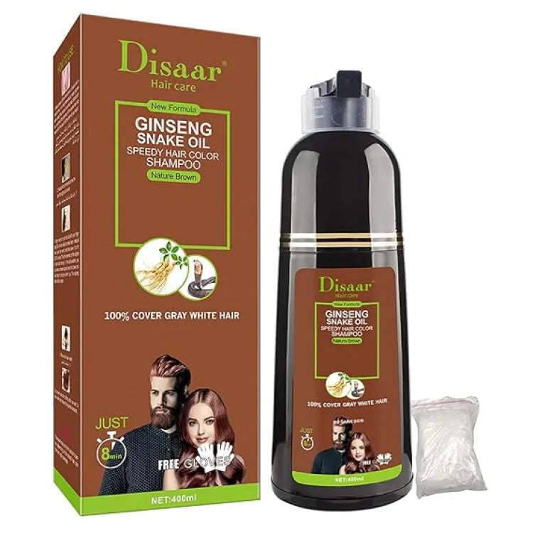 Disaar Natural Brown Hair Color Shampoo 100% Cover Gray White Hair Easy To Use Long Lasting For Girls , Men & Women 400ml