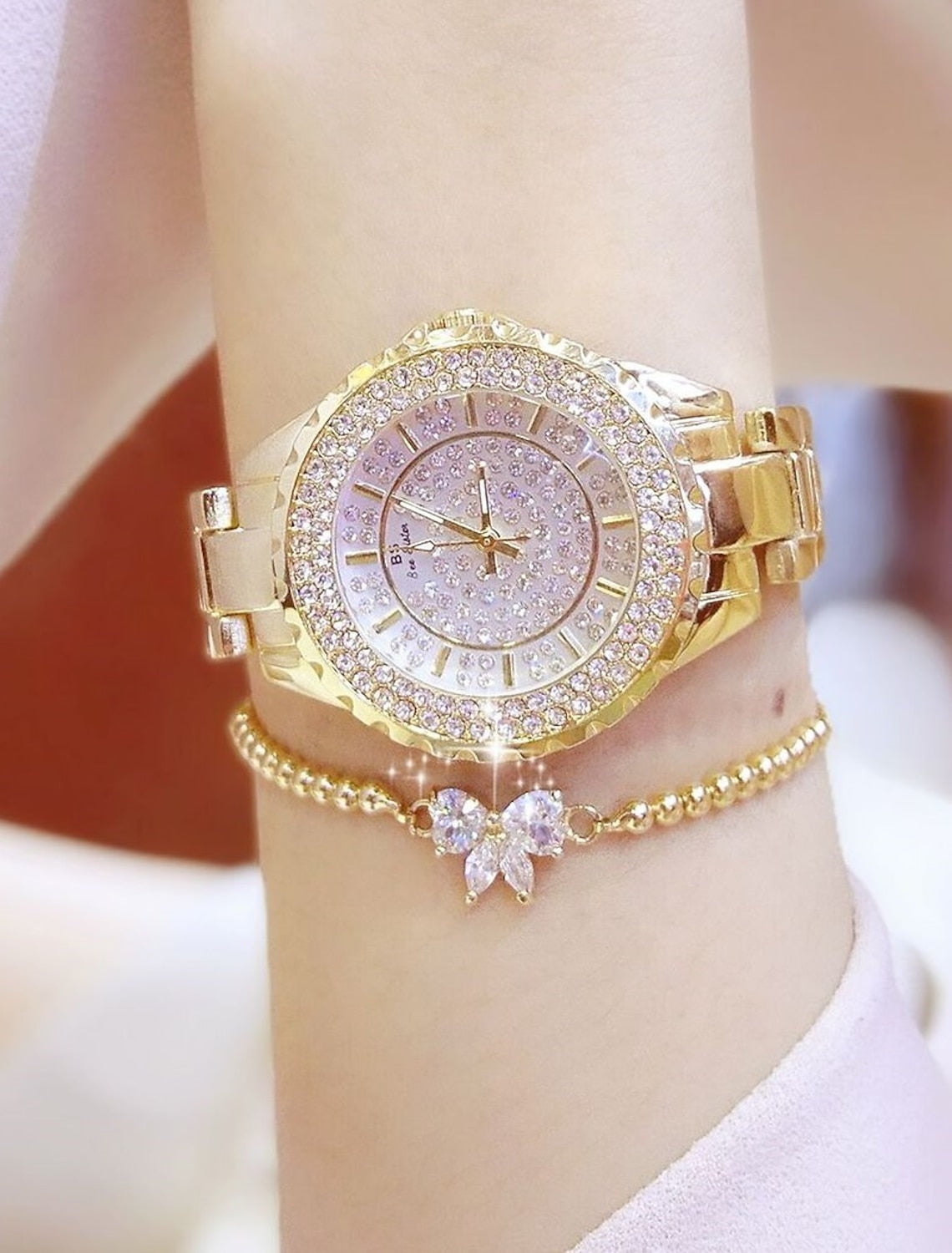 Wrist Watch Quartz Watch for Women Full Diamond Crystal Analog Quartz Glitter Fashion Luxury Bling Rhinestone Bracelet Stainless Steel