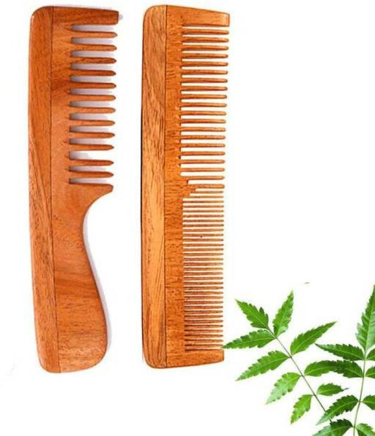 Krishya Kacchi Neem Comb, Wooden Comb Hair Growth, Hairfall (Wide + Dual Combo)