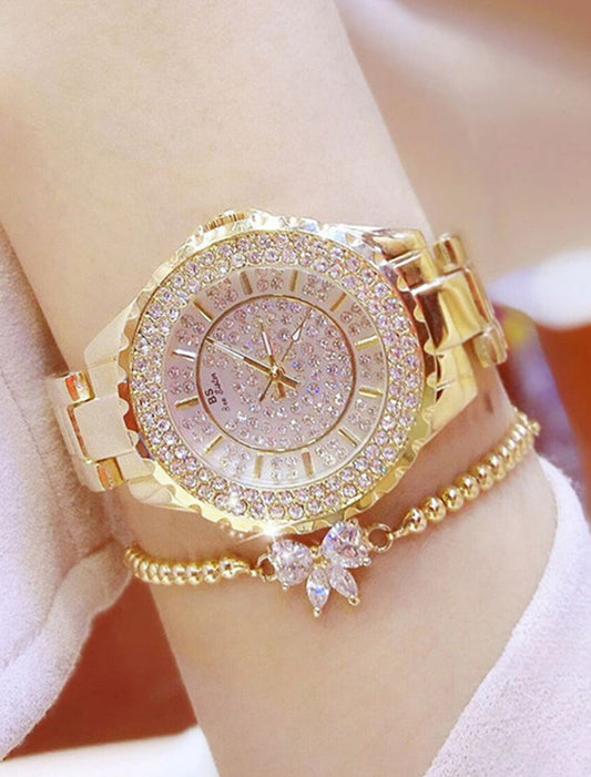 Wrist Watch Quartz Watch for Women Full Diamond Crystal Analog Quartz Glitter Fashion Luxury Bling Rhinestone Bracelet Stainless Steel