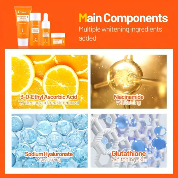 4pcs Vitamin C Skin Care Set Rejuvenating Facial Skin Care Set, Face Wash, Toner, Cream And Serum Combo Set