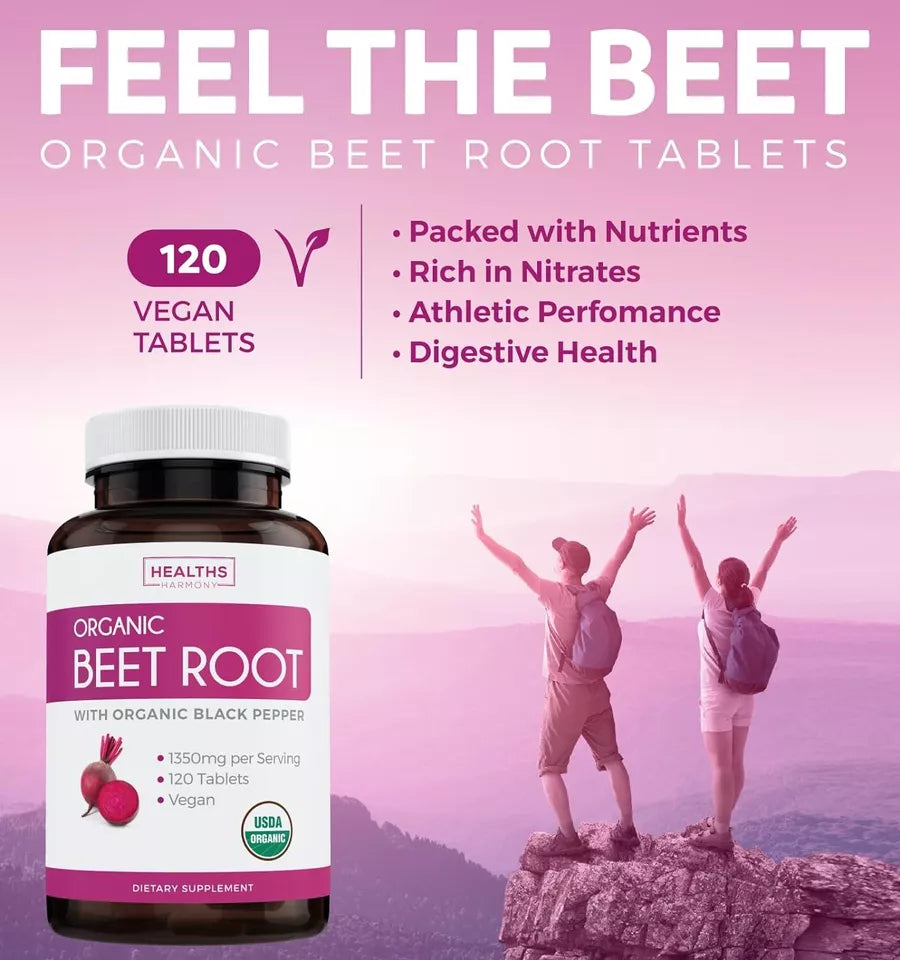 USDA Organic Beet Root Powder (120 Tablets) 1350Mg Beets per Serving with Black