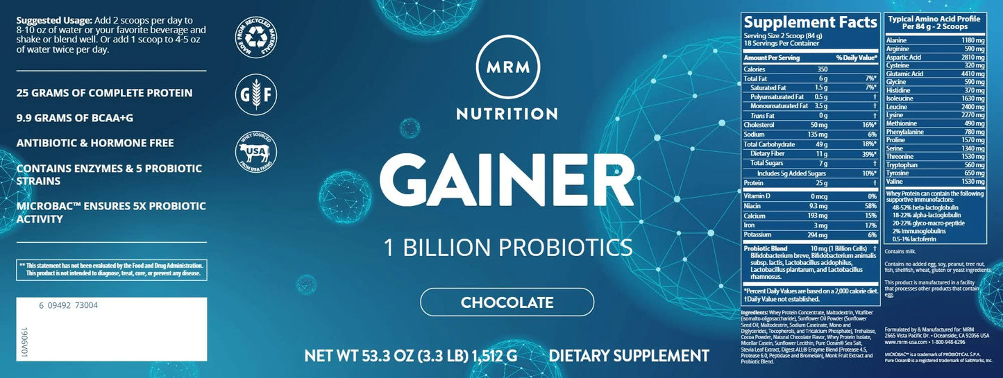 MRM Nutrition Gainer Protein with Probiotics + Postbiotics | Vanilla Flavored | 25g Protein | Whey Concentrate + Isolate + micellar Casein| Slow + Fast digesting| with Digestive enzymes | 18 Servings